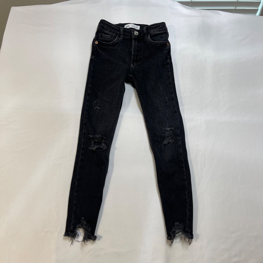 Zara Girls Size 8 Black Distressed Skinny Jeans Raw Hem Stretch Denim 128 cm